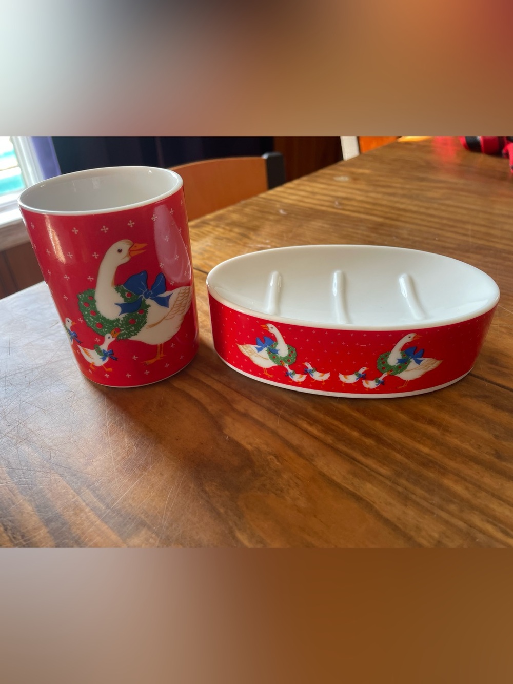 Vintage Christmas Geese Bathroom Soap Dish & Cup Set Holiday